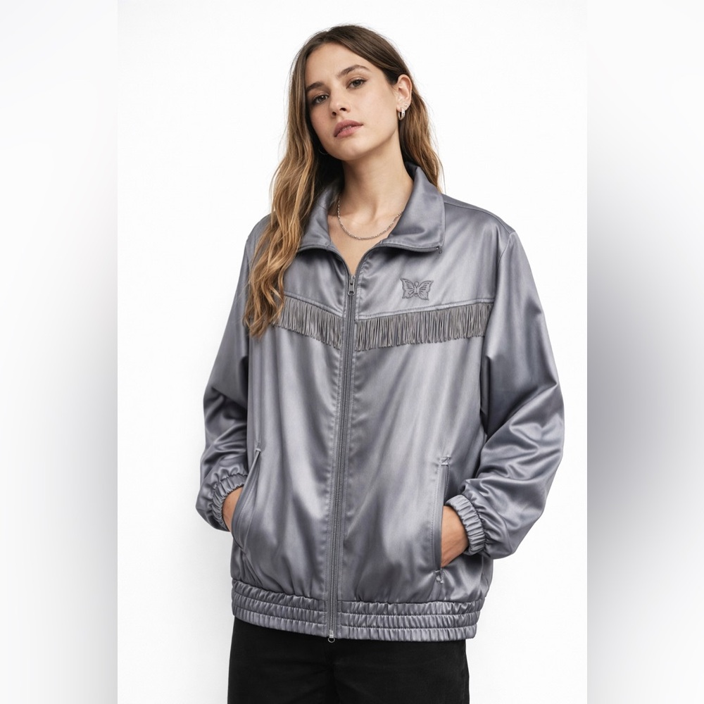 Needles Metallic Gray Butterfly Fringe Bomber Jacket